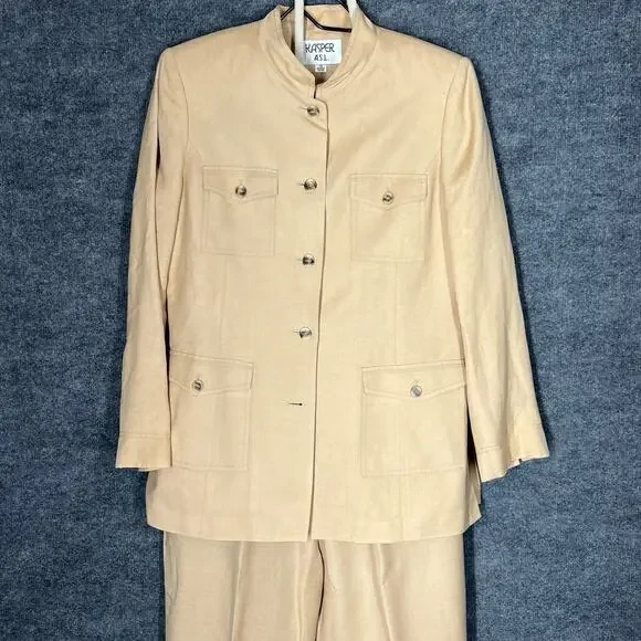 Kasper Blazer Jacket Pantsuit Womens 10 Tan Linen Rayon Classic Safari Explorer